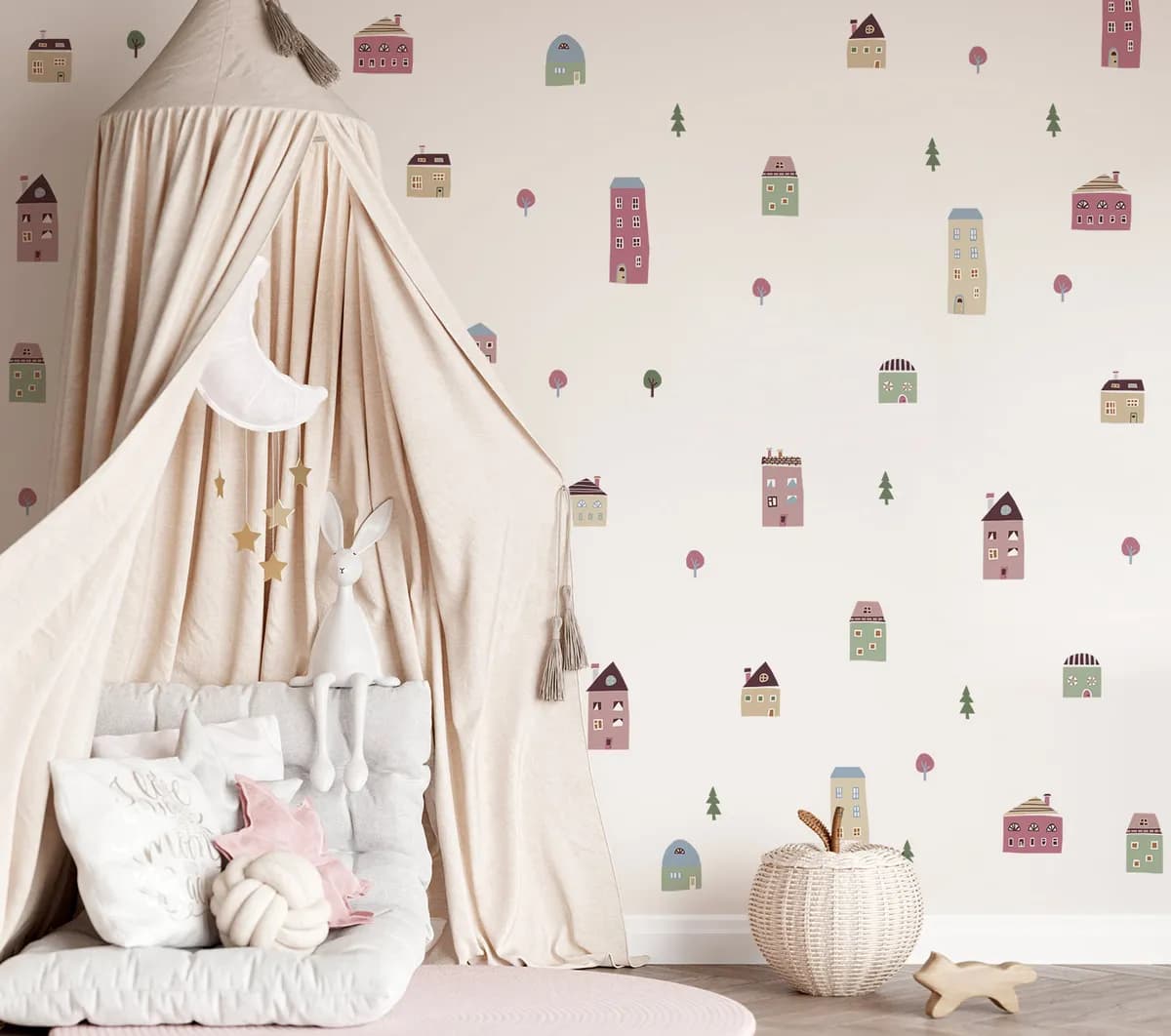 Nálepky na stenu vidiek. Domy a stromy (3) – Samolepiace dekorácie na stenu