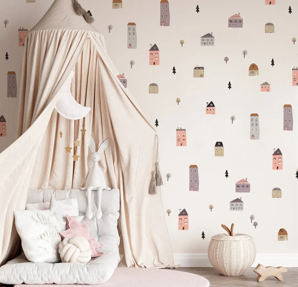 Nálepky na stenu vidiek. Domy a stromy – Samolepiace dekorácie na stenu