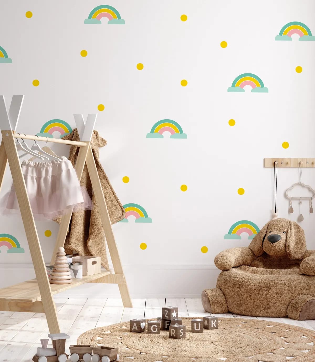 Nálepka na stenu dúha. Farebné dúhy a bodky – Samolepiace dekorácie na stenu